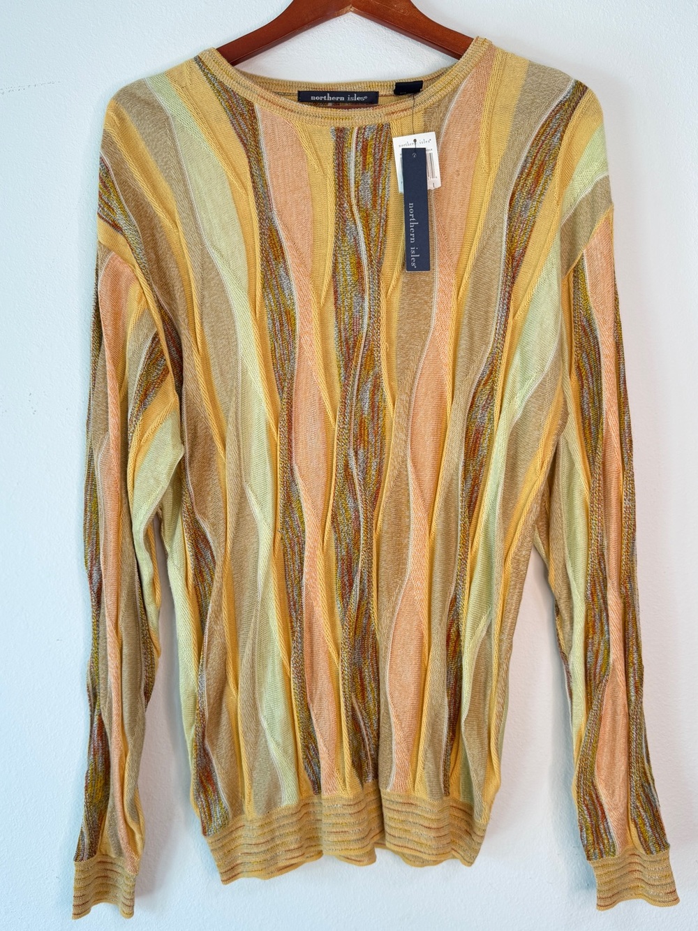 Vintage 90s Deadstock Northern Isles Coogi Style Sweater Multicolored Yellow NWT